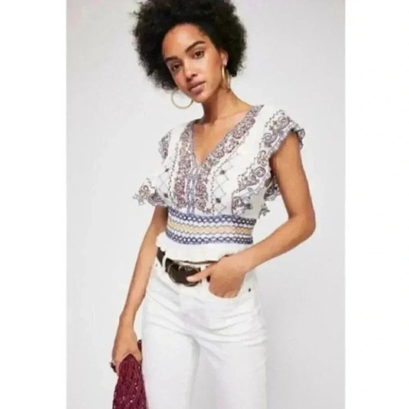 Free People Tops - Free People- White Holland Park Beaded Blouse